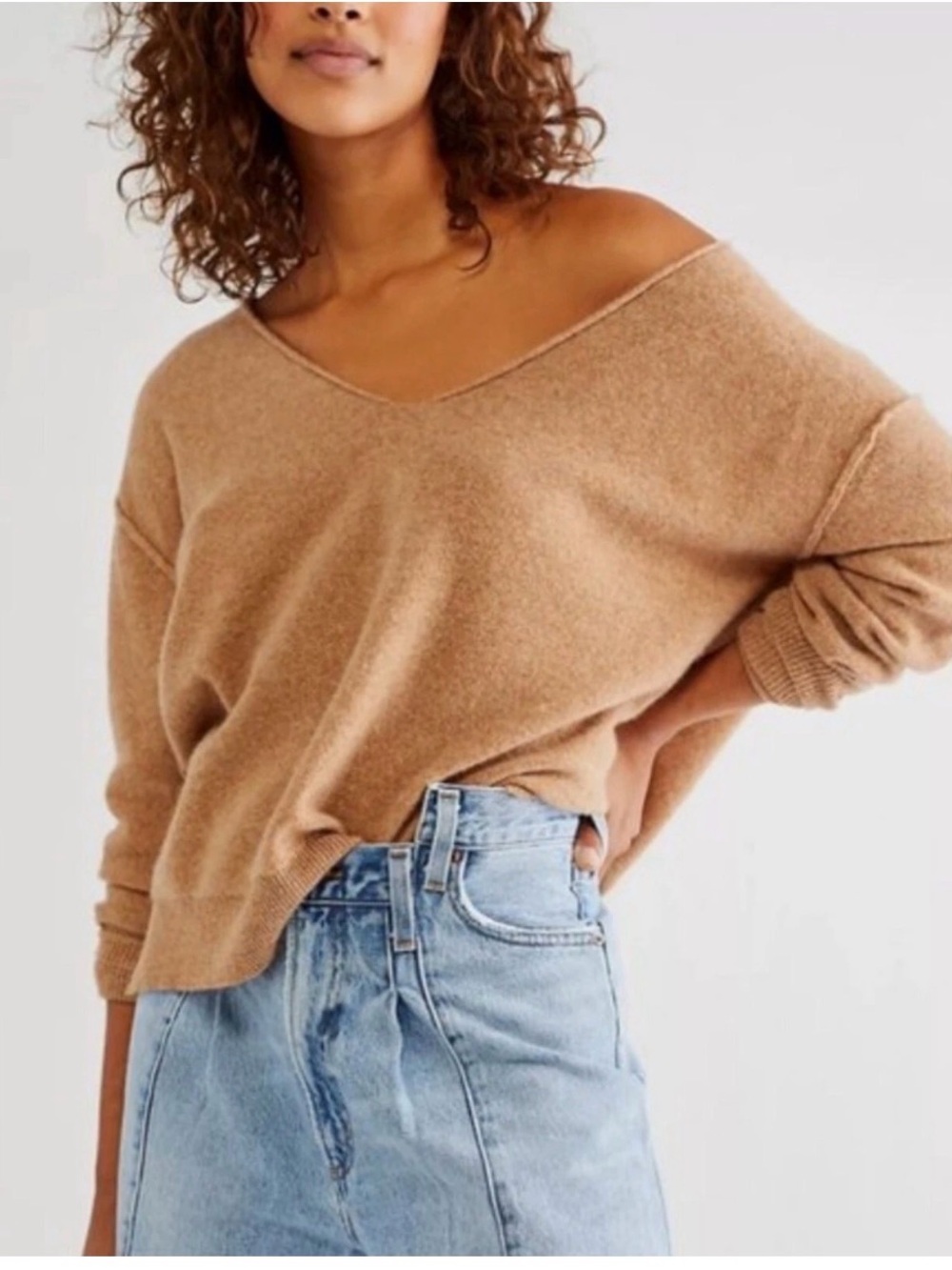 Free People M Harmony Cashmere V Sweater Camel Soft Basic Minimalist Coastal